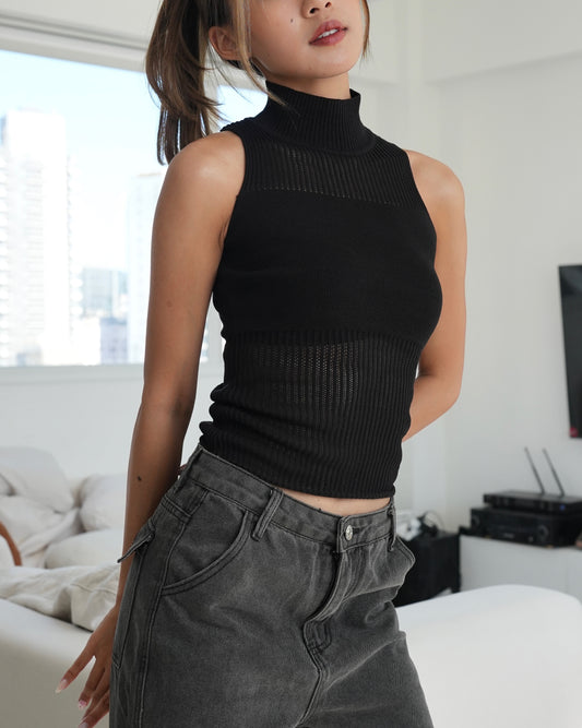 High neck mesh knit half see-thought tank top