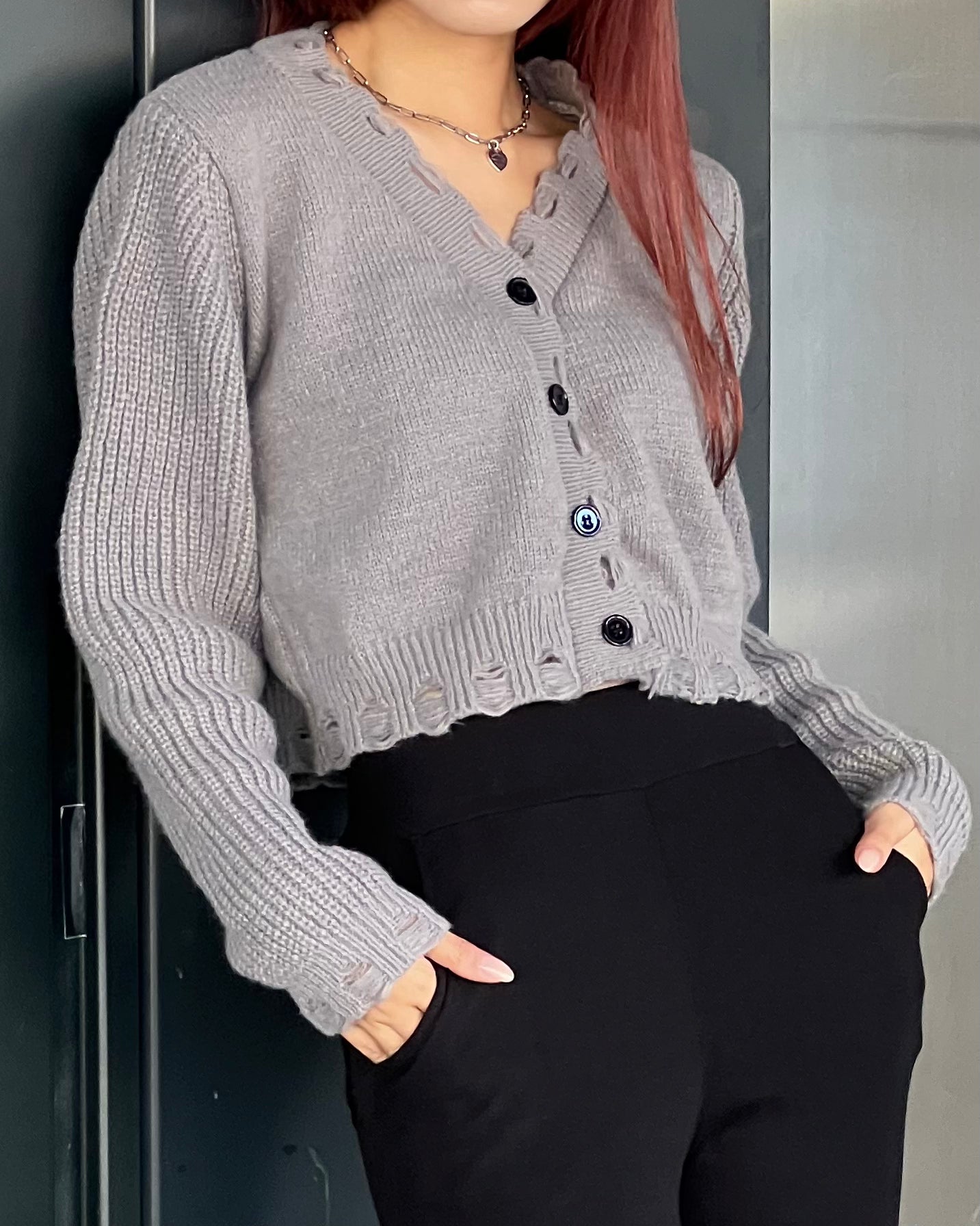 Distressed cropped cardigan