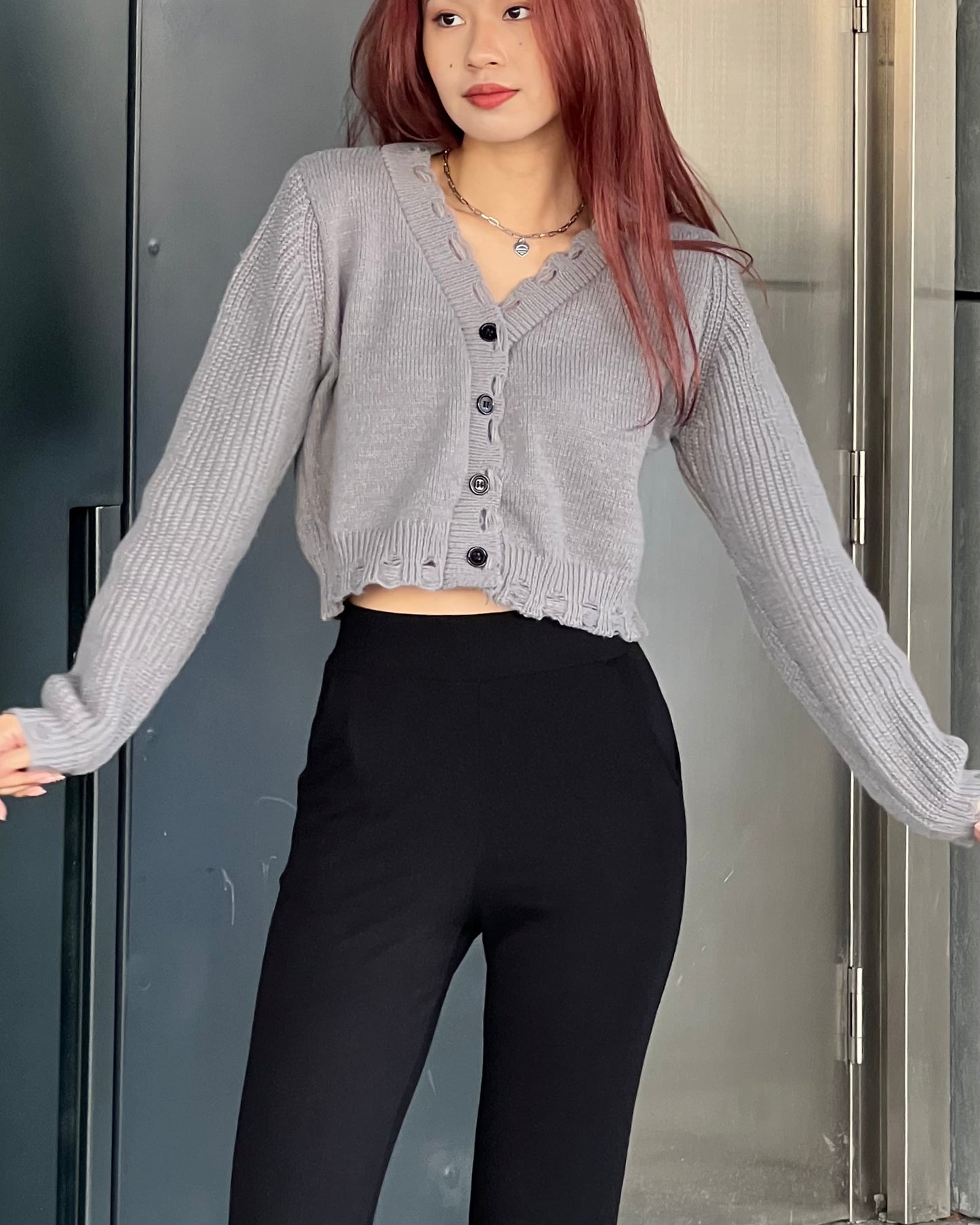 Distressed cropped cardigan