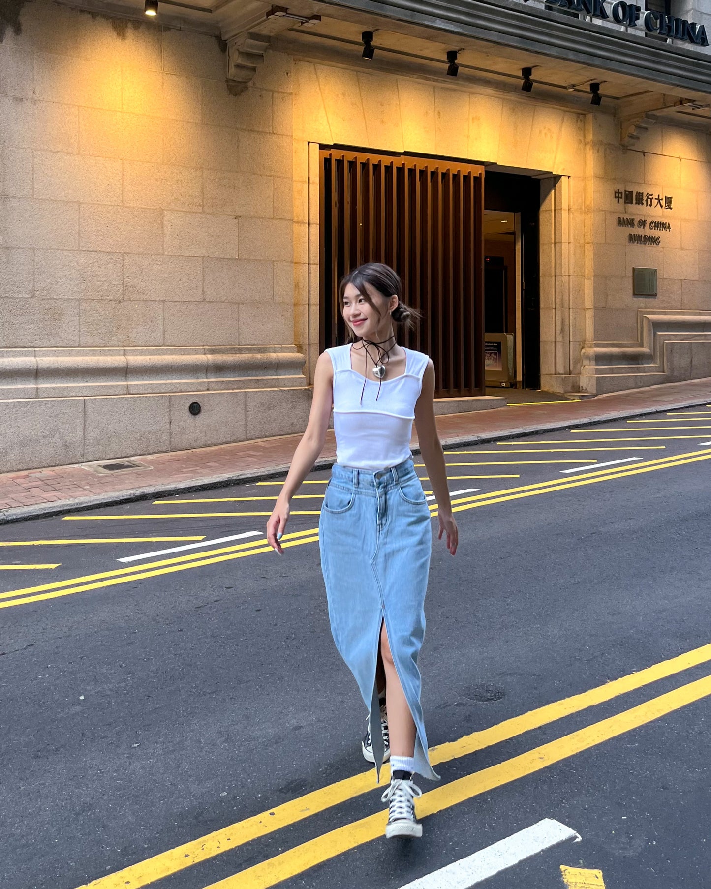 Front split denim maxi skirt