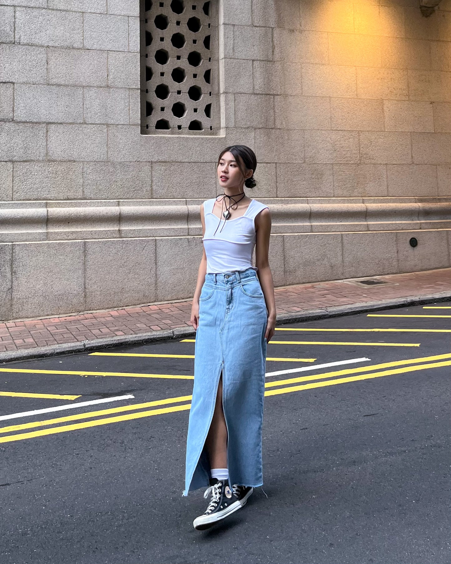 Front split denim maxi skirt