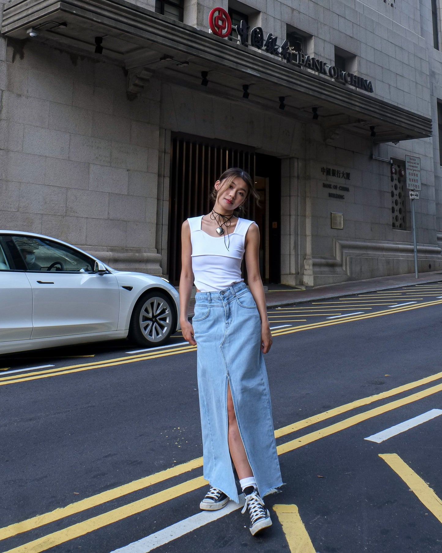Front split denim maxi skirt