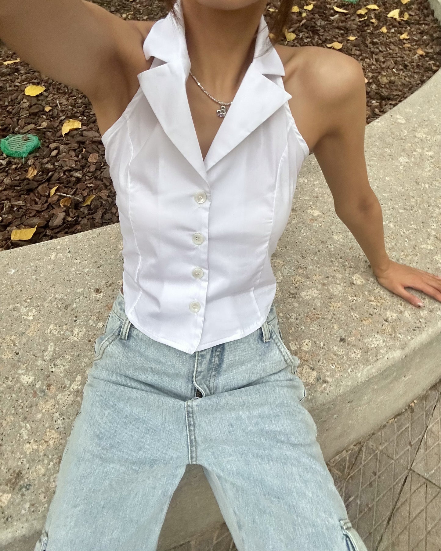 Button front sleeveless Halter shirt