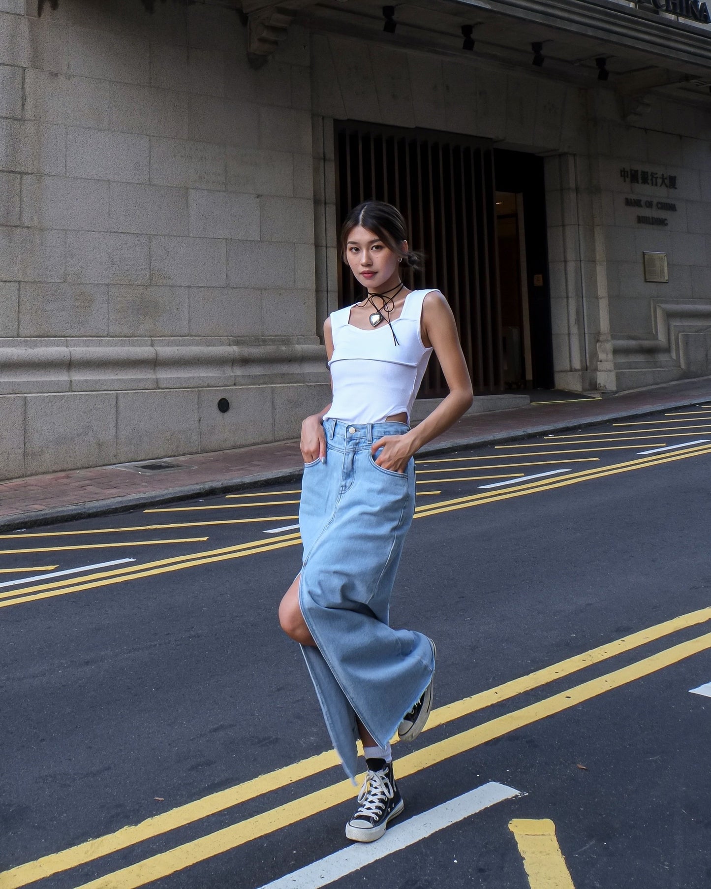 Front split denim maxi skirt