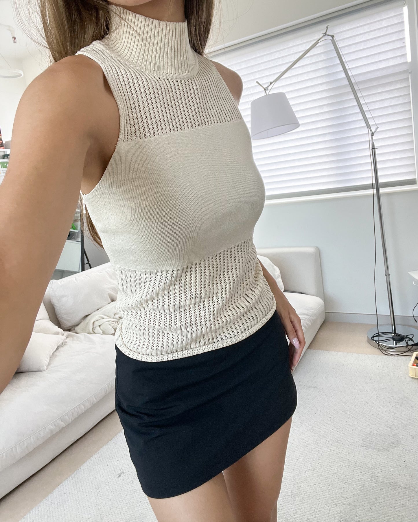 High neck mesh knit half see-thought tank top