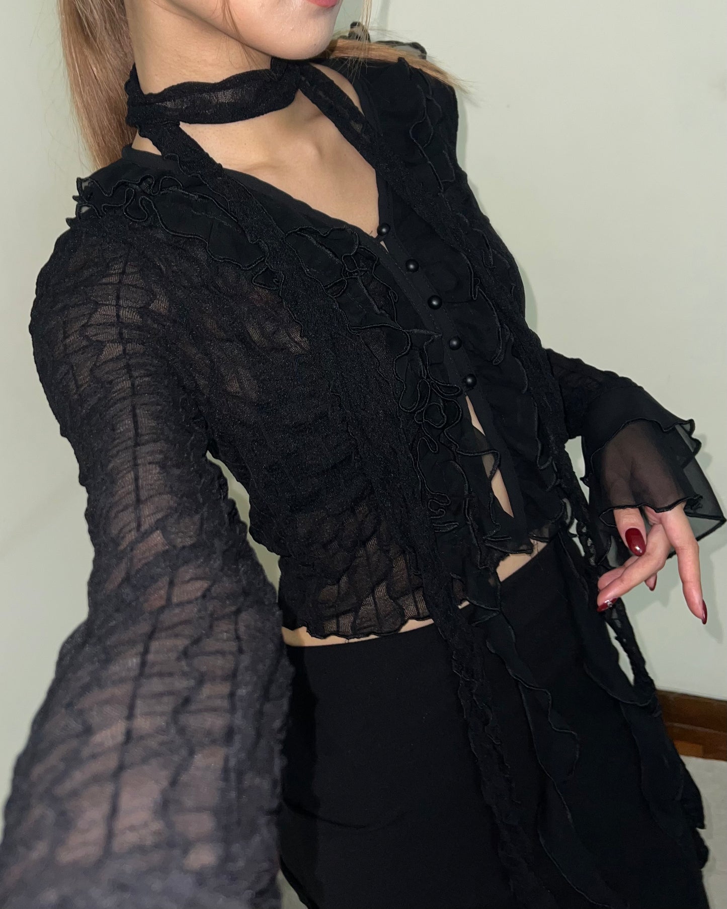 See through ruffle edged cardigan with scarf