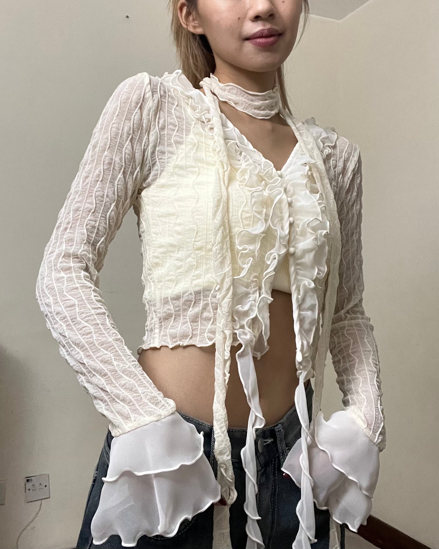 See through ruffle edged cardigan with scarf