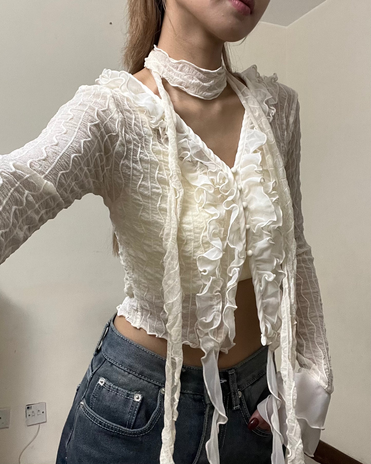 See through ruffle edged cardigan with scarf