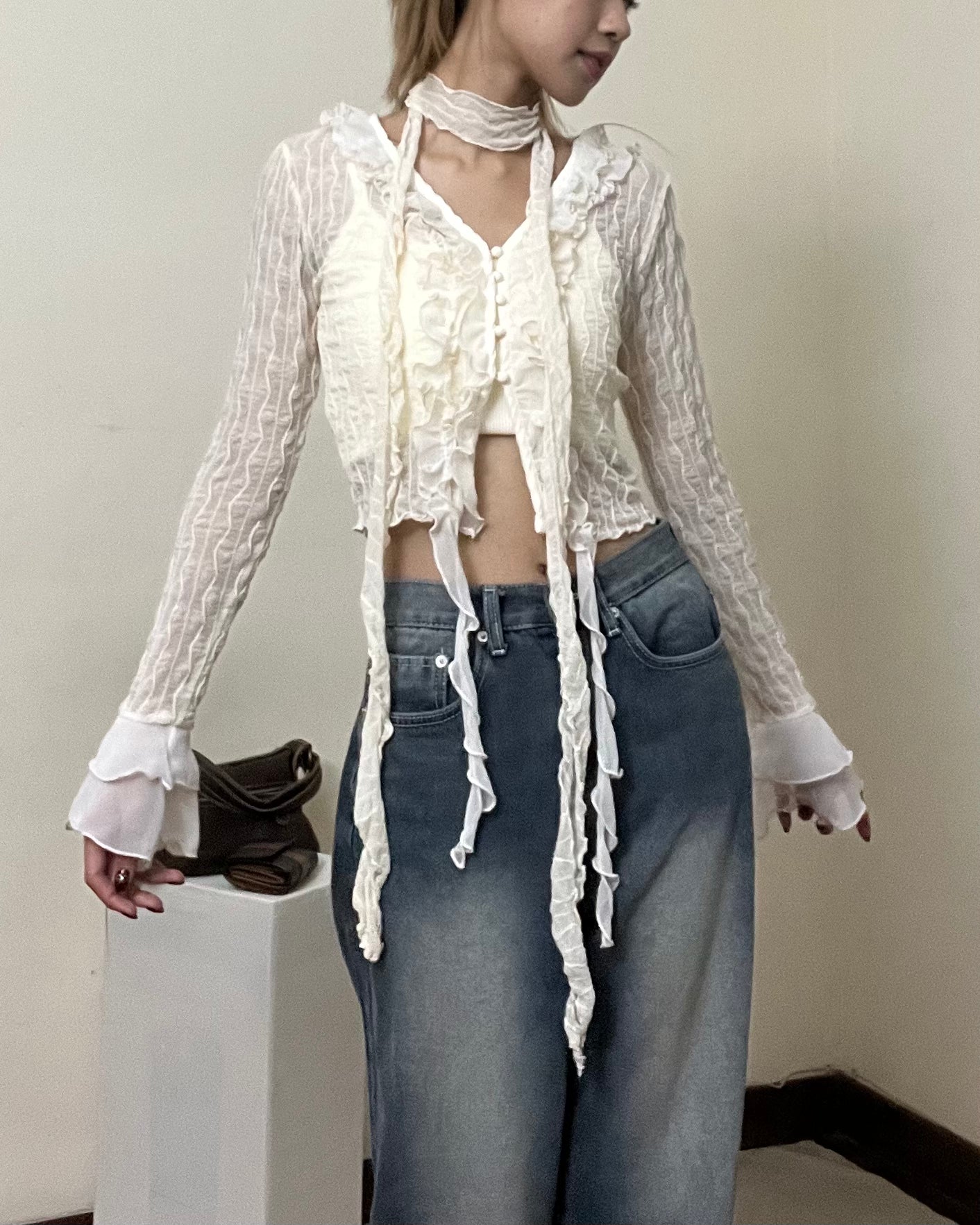 See through ruffle edged cardigan with scarf