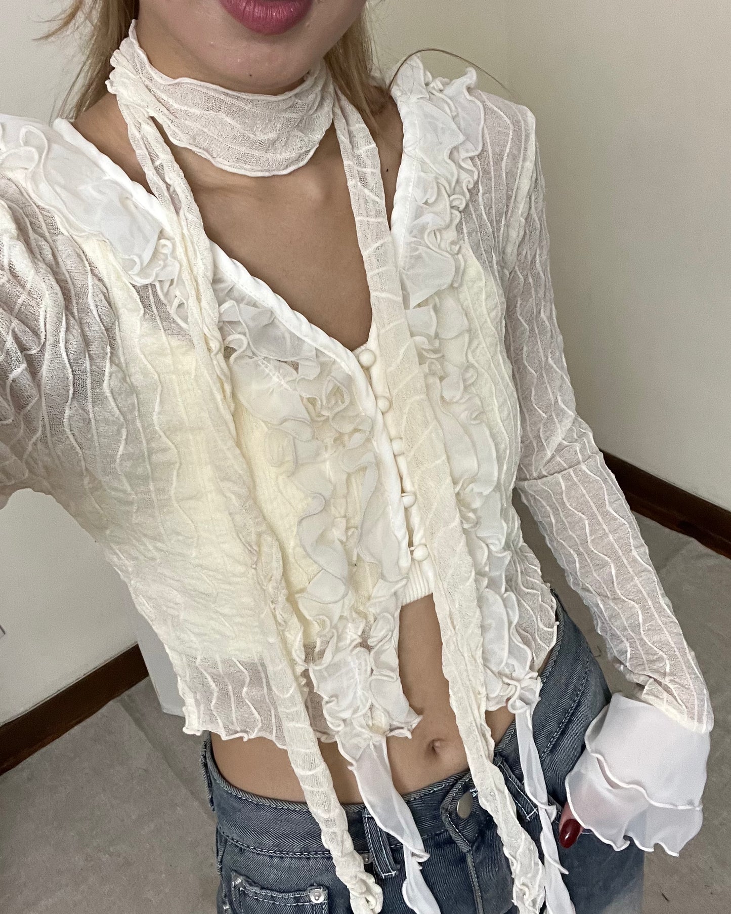 See through ruffle edged cardigan with scarf