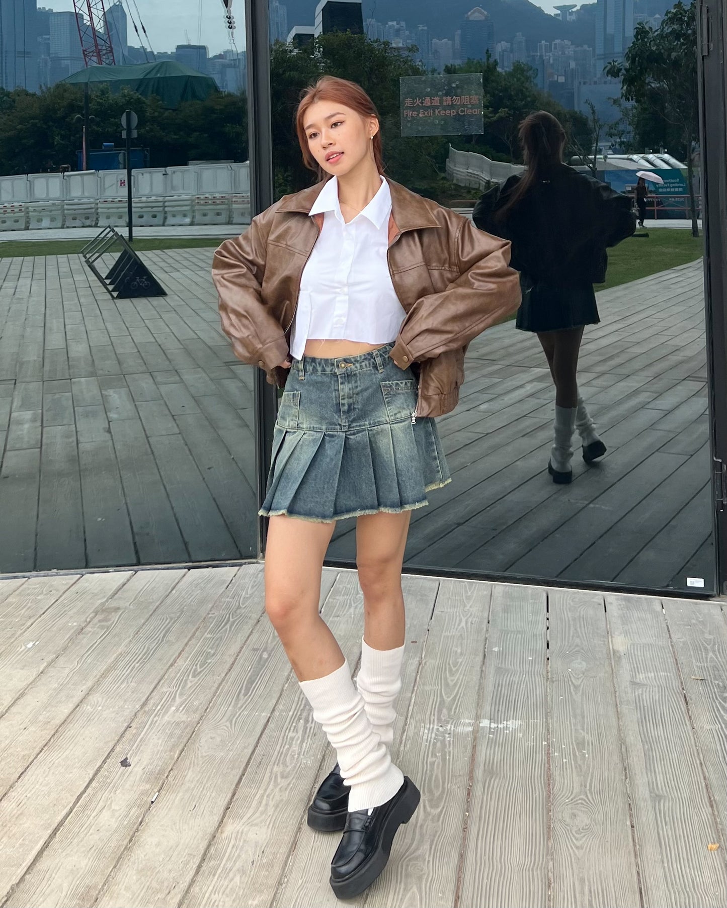 Washed faux leather bomber jacket