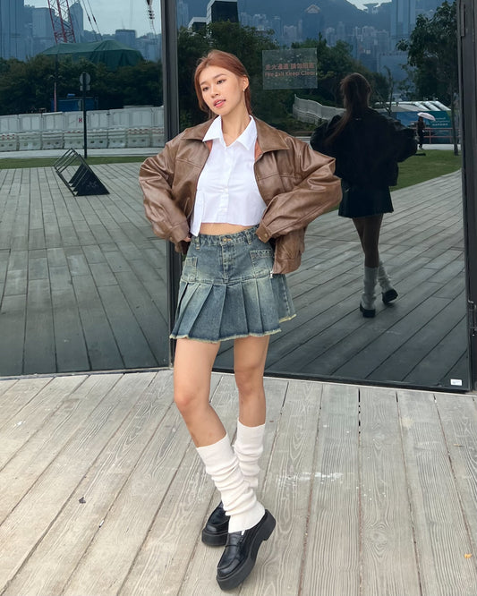 Old washed denim pleated skirt