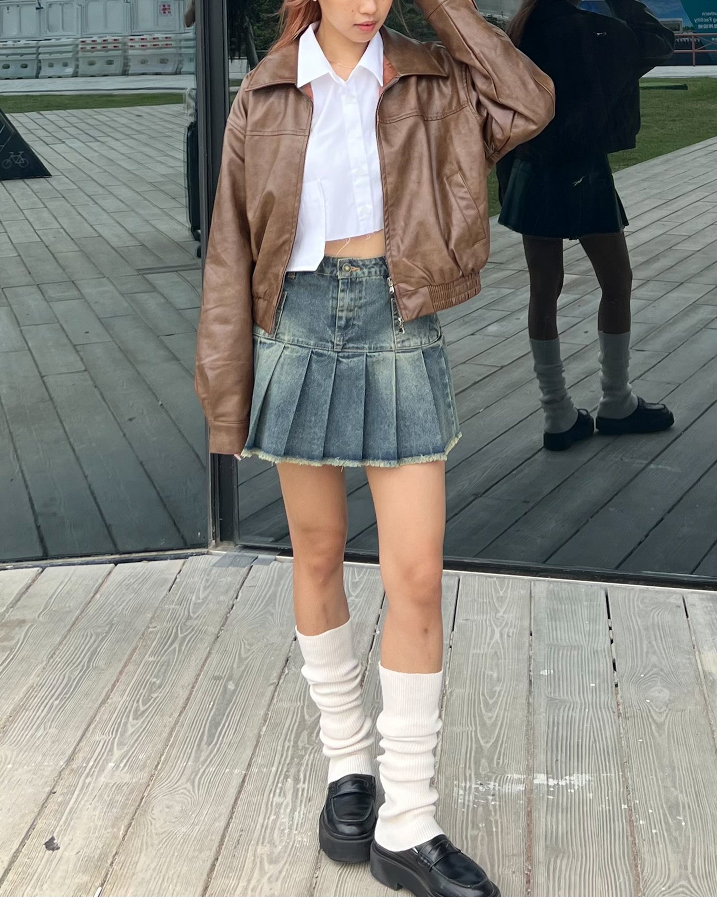 Washed faux leather bomber jacket