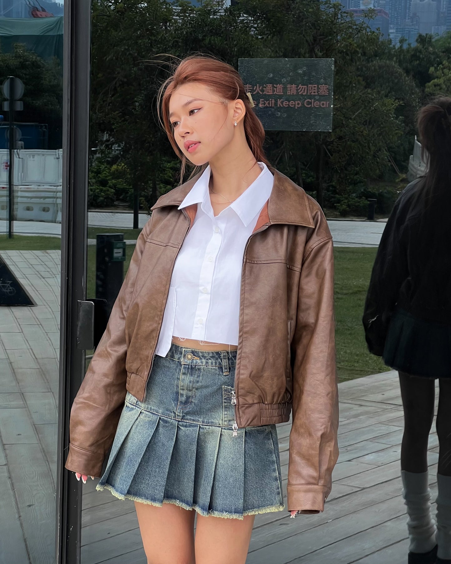 Washed faux leather bomber jacket