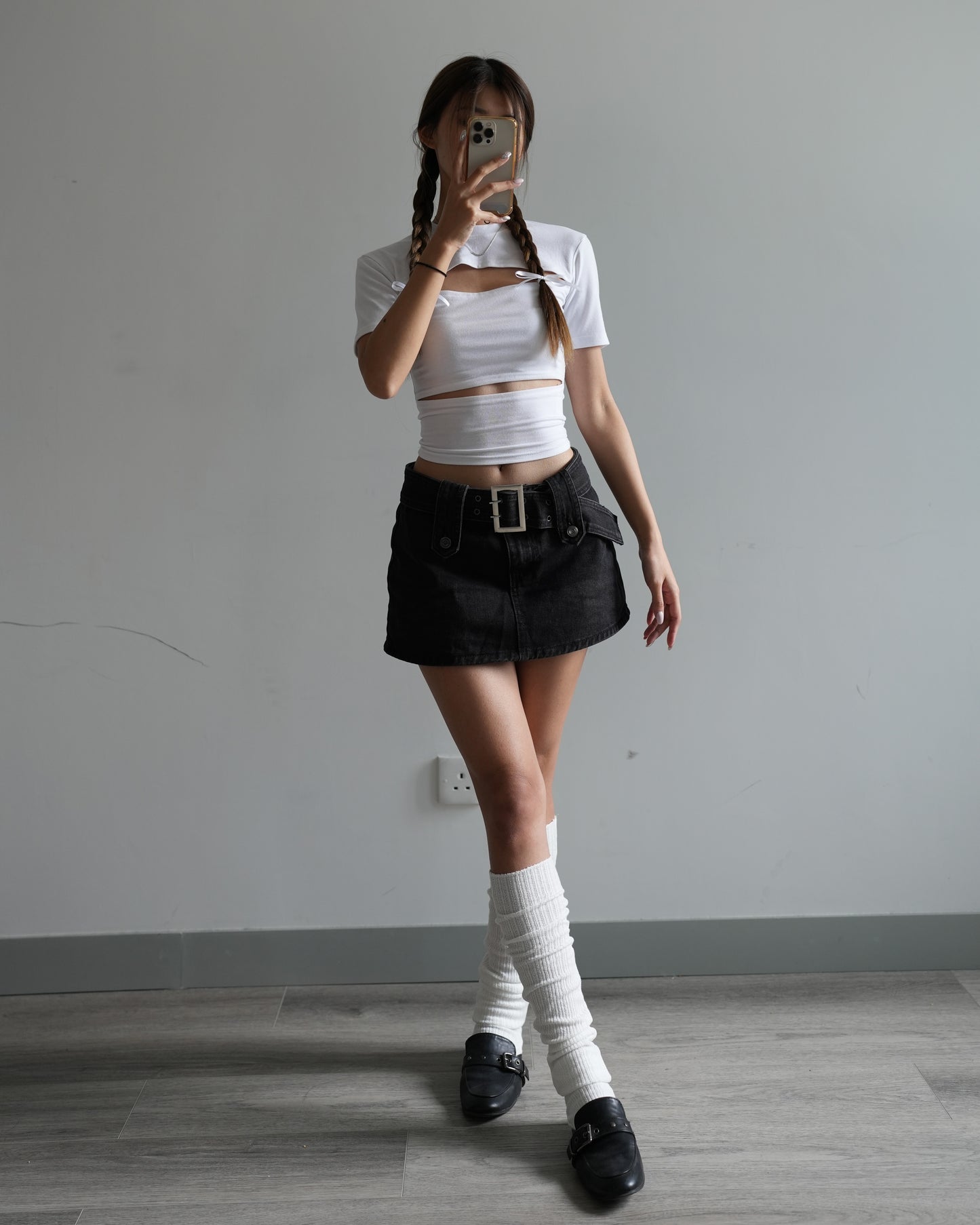 Belted denim mini skort