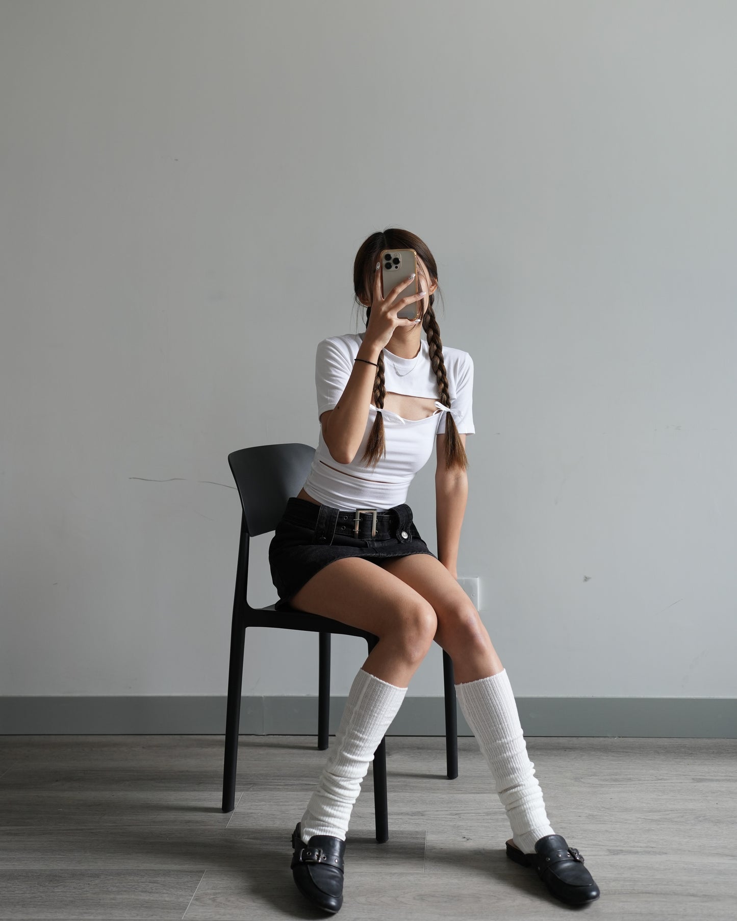 Belted denim mini skort