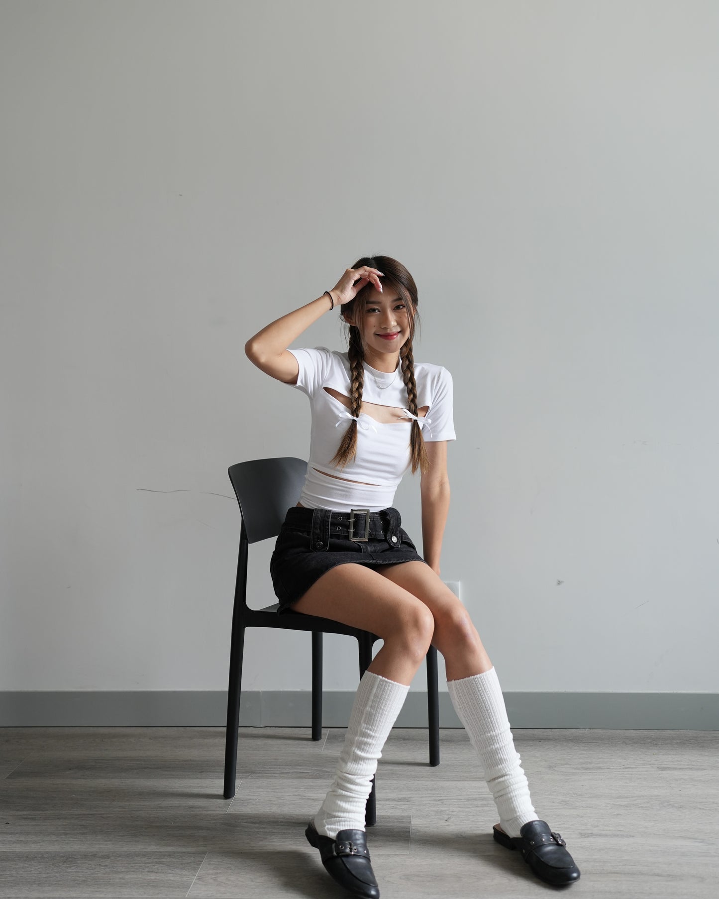 Belted denim mini skort