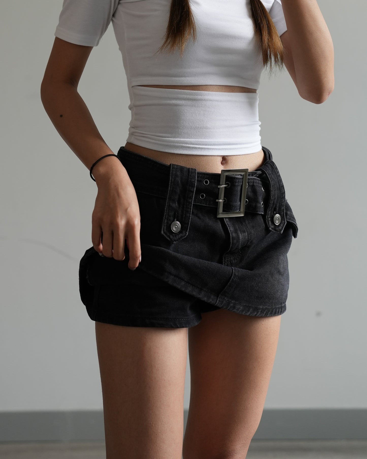 Belted denim mini skort