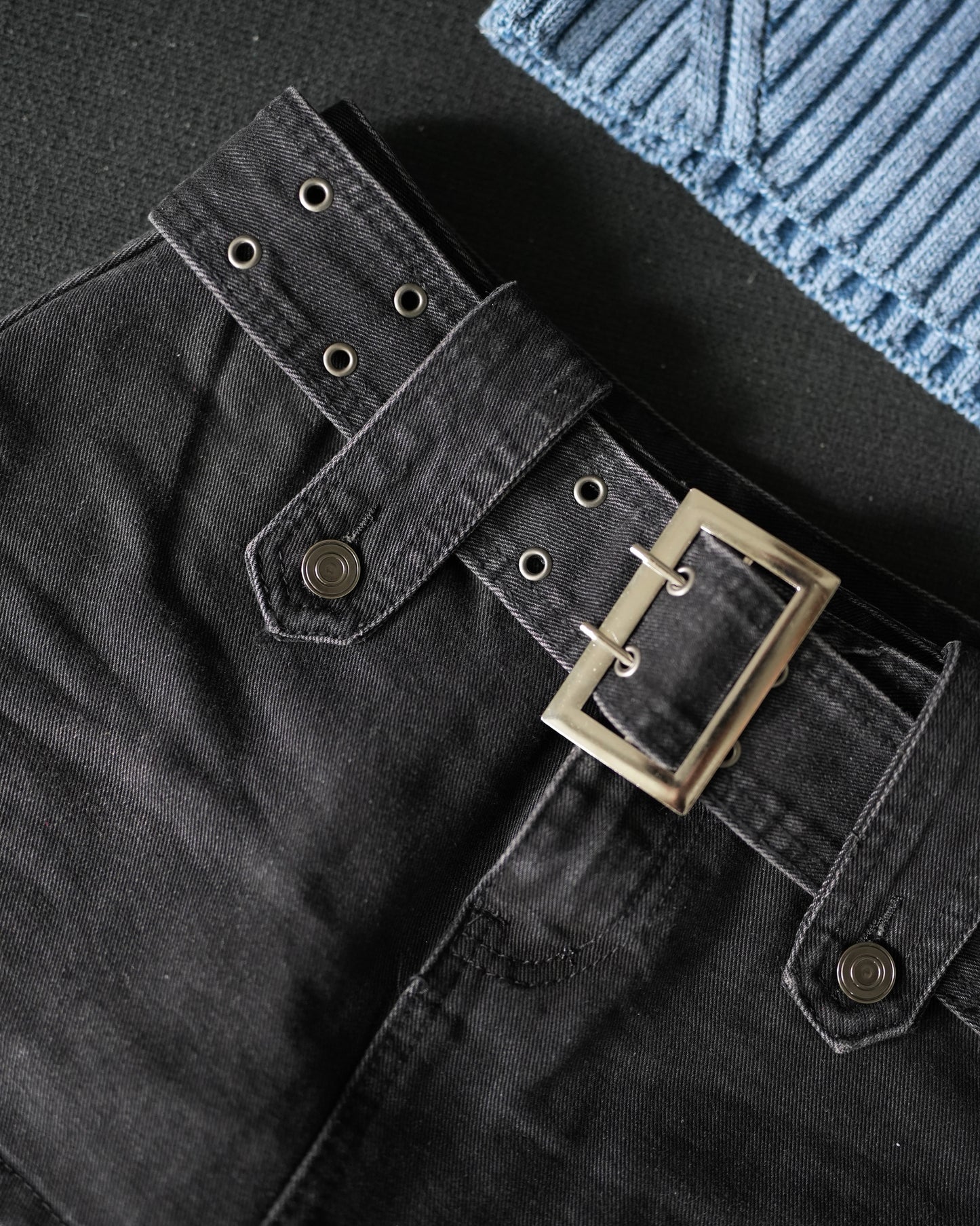 Belted denim mini skort