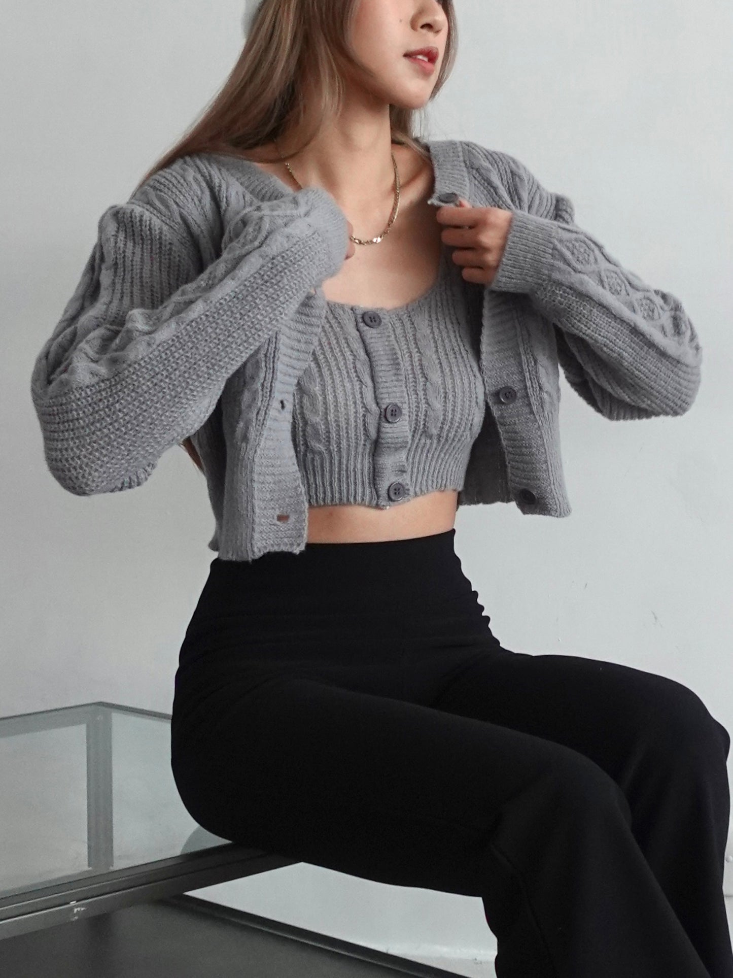 Pattern knit set (cardigan+knit vest)