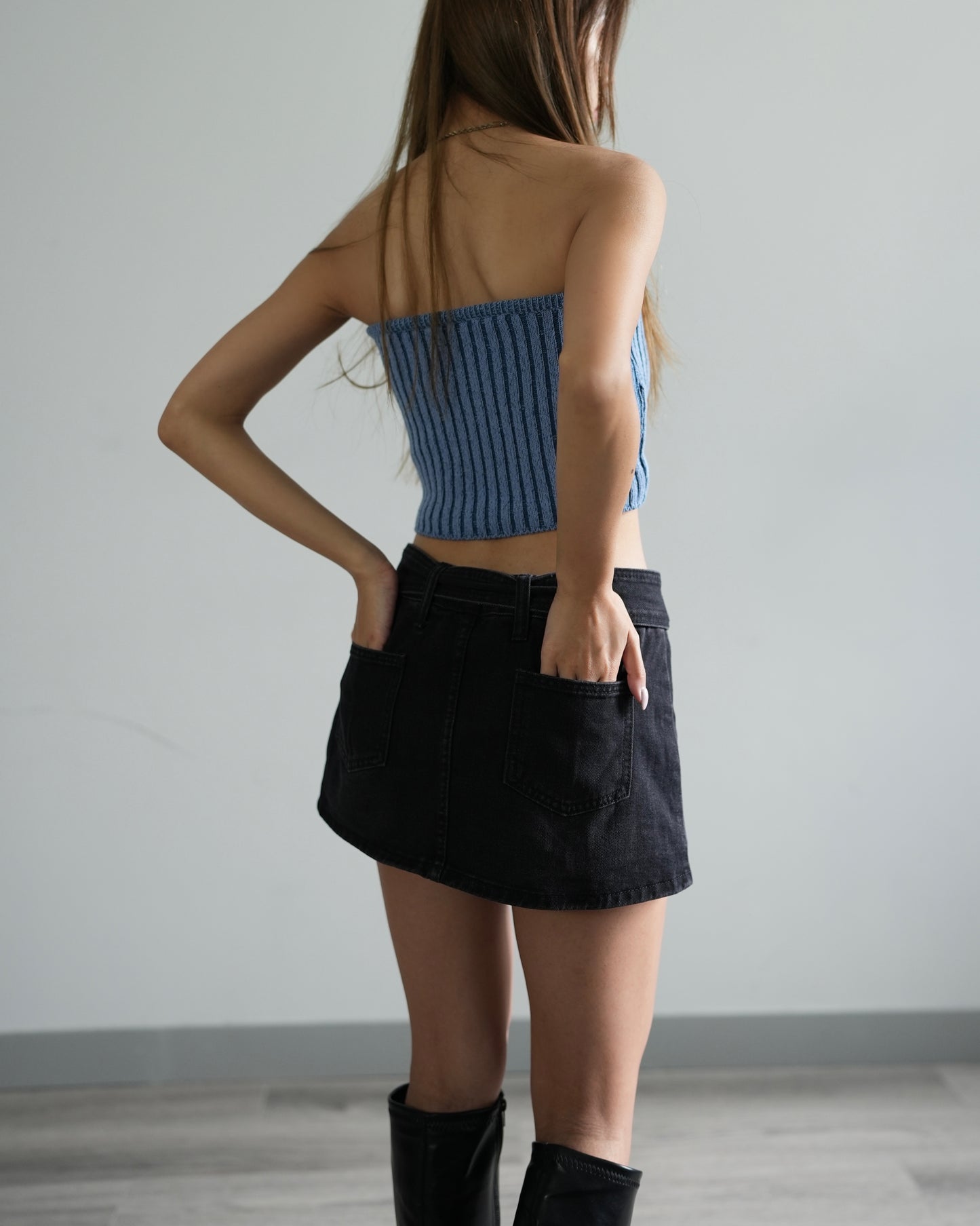 Belted denim mini skort