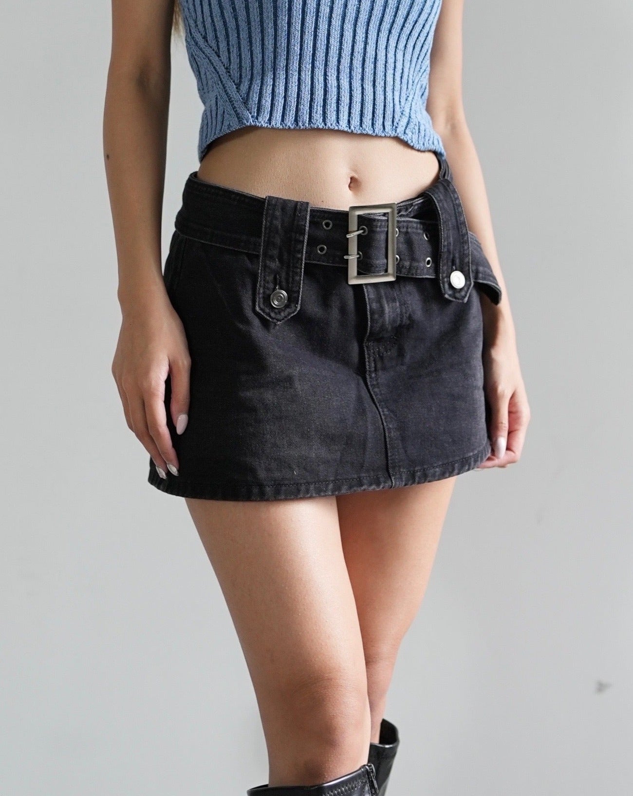 Belted denim mini skort