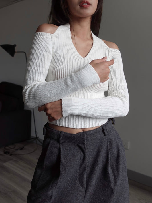 Ripped neck tie knit top