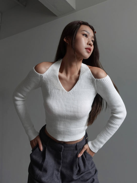 Ripped neck tie knit top