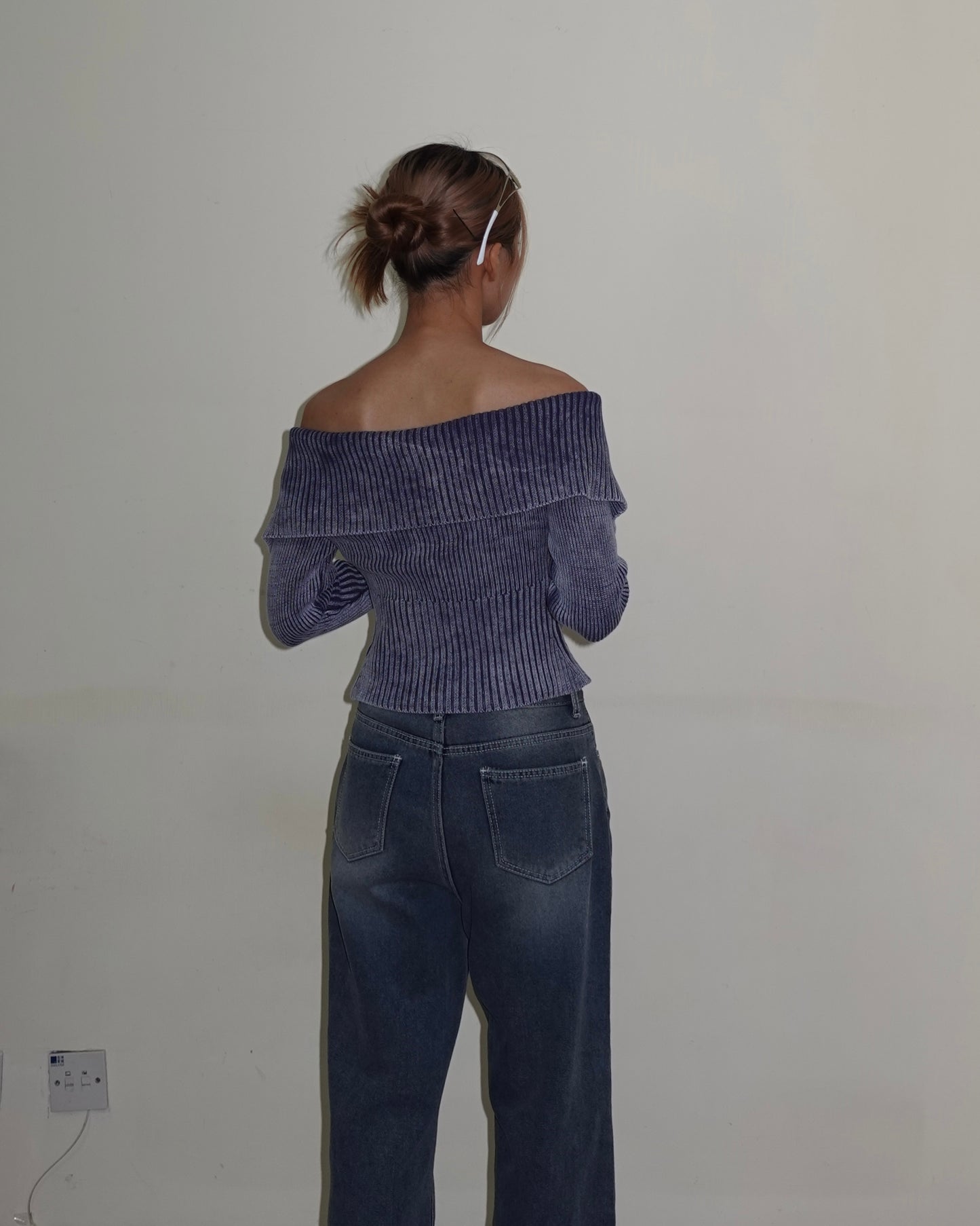 Washed zip up off shoulder knit top