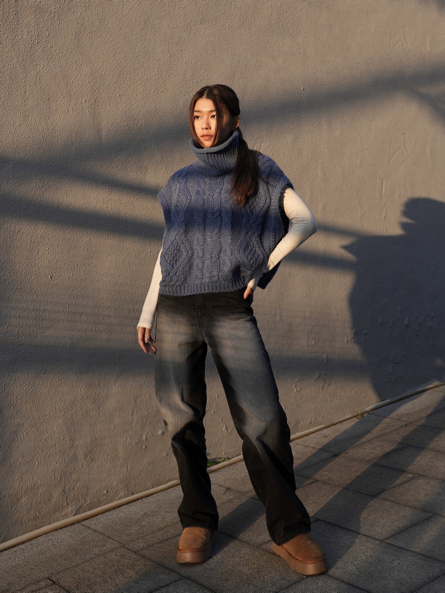 Turtle neck cable knit vest