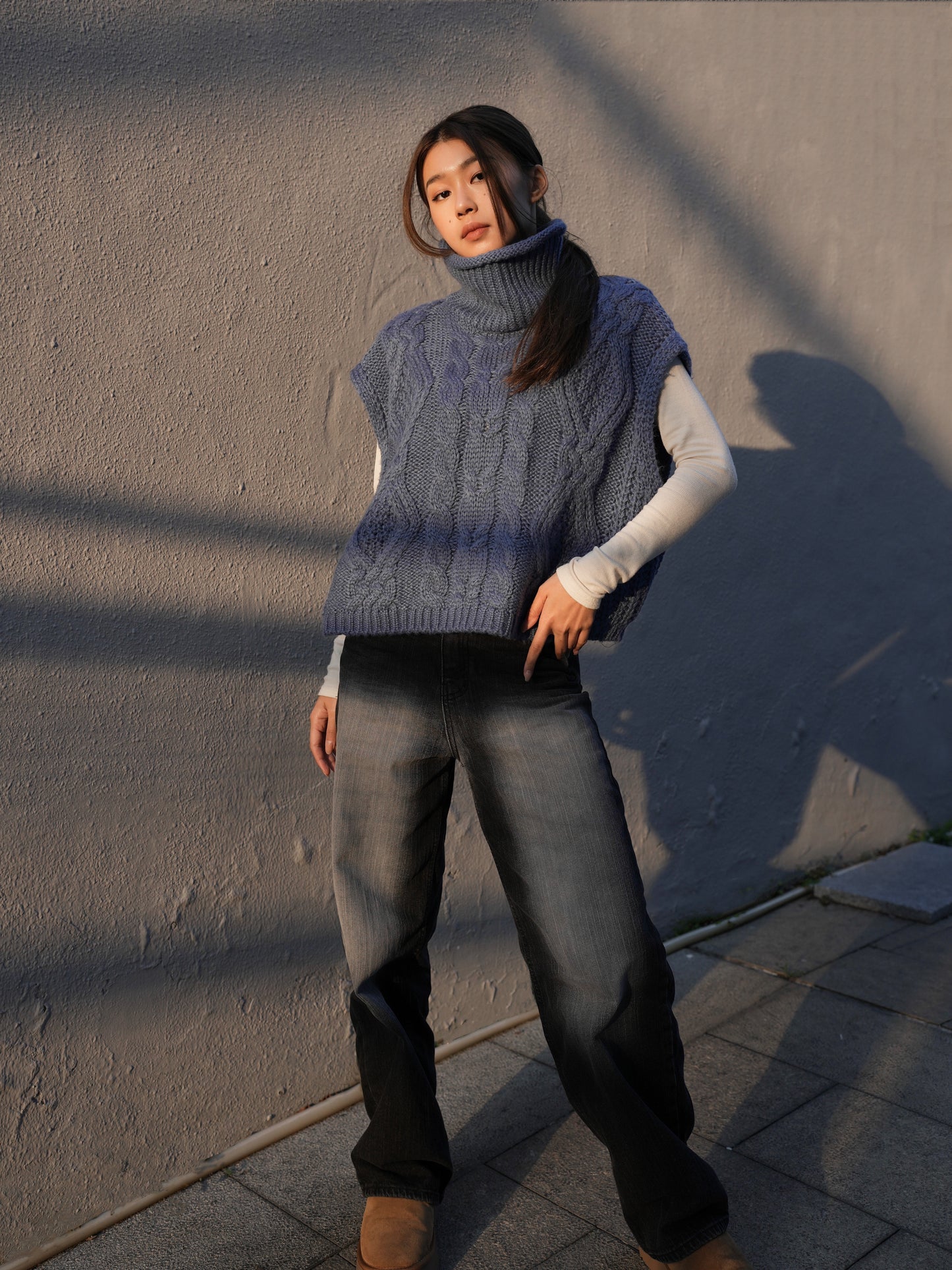 Turtle neck cable knit vest