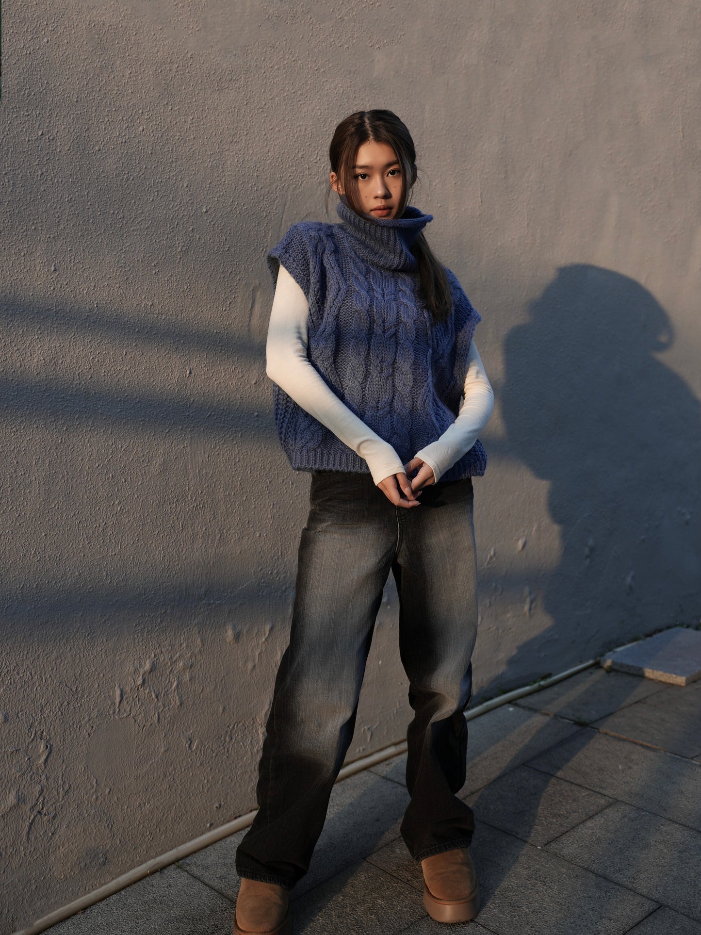 Turtle neck cable knit vest