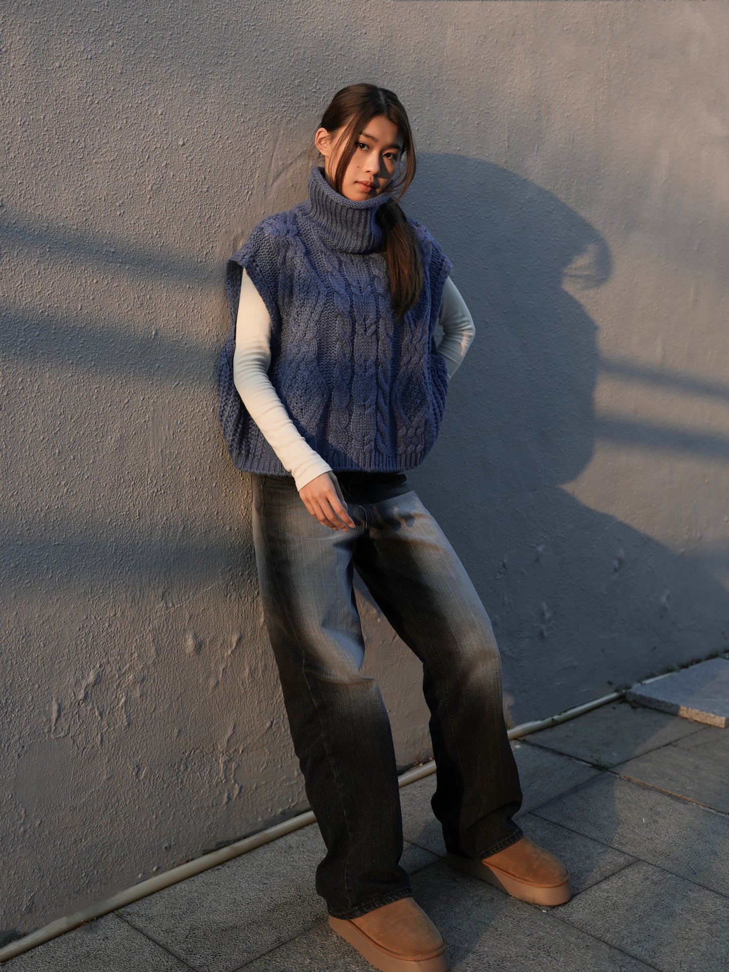 Turtle neck cable knit vest