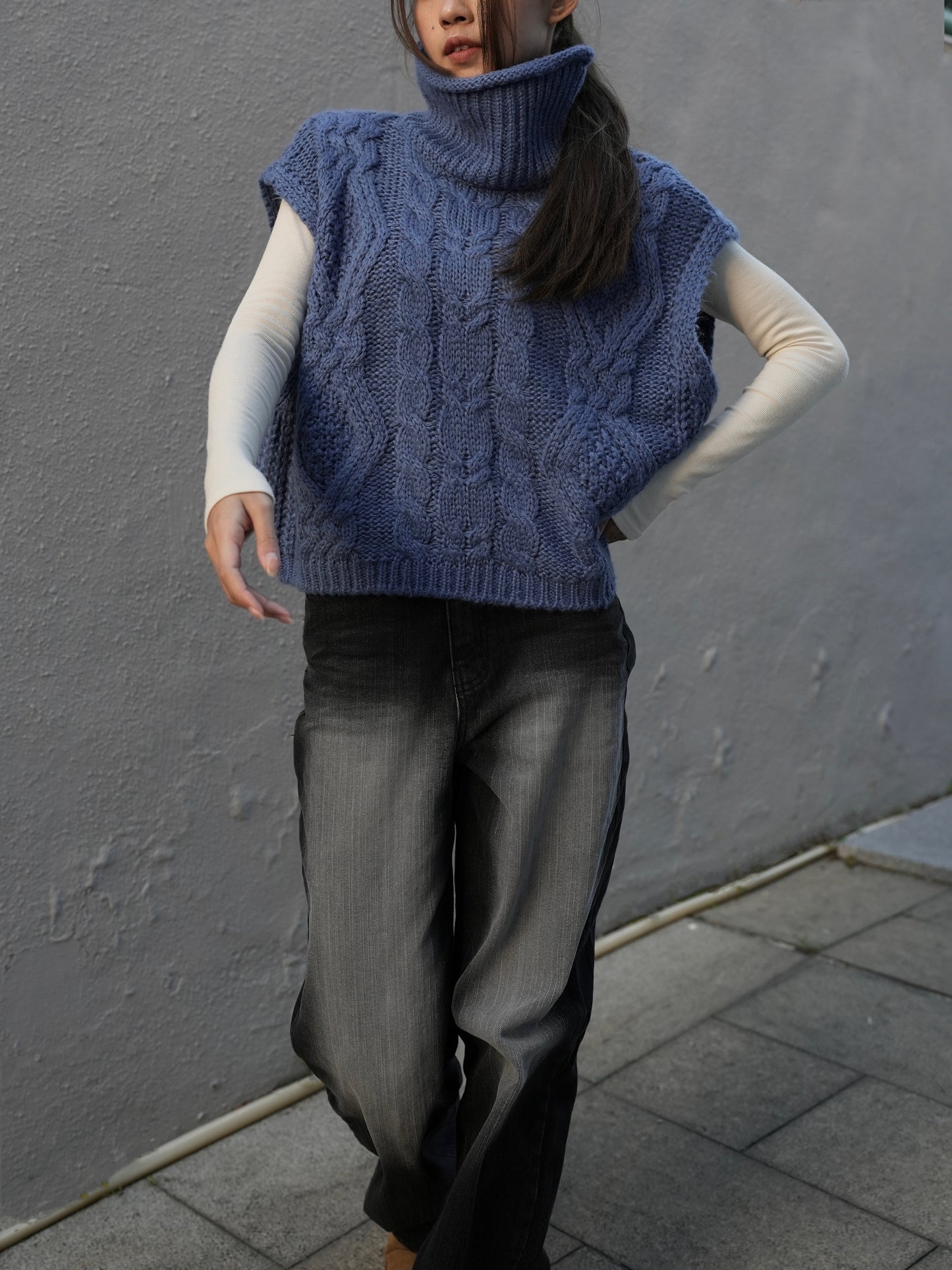 Turtle neck cable knit vest